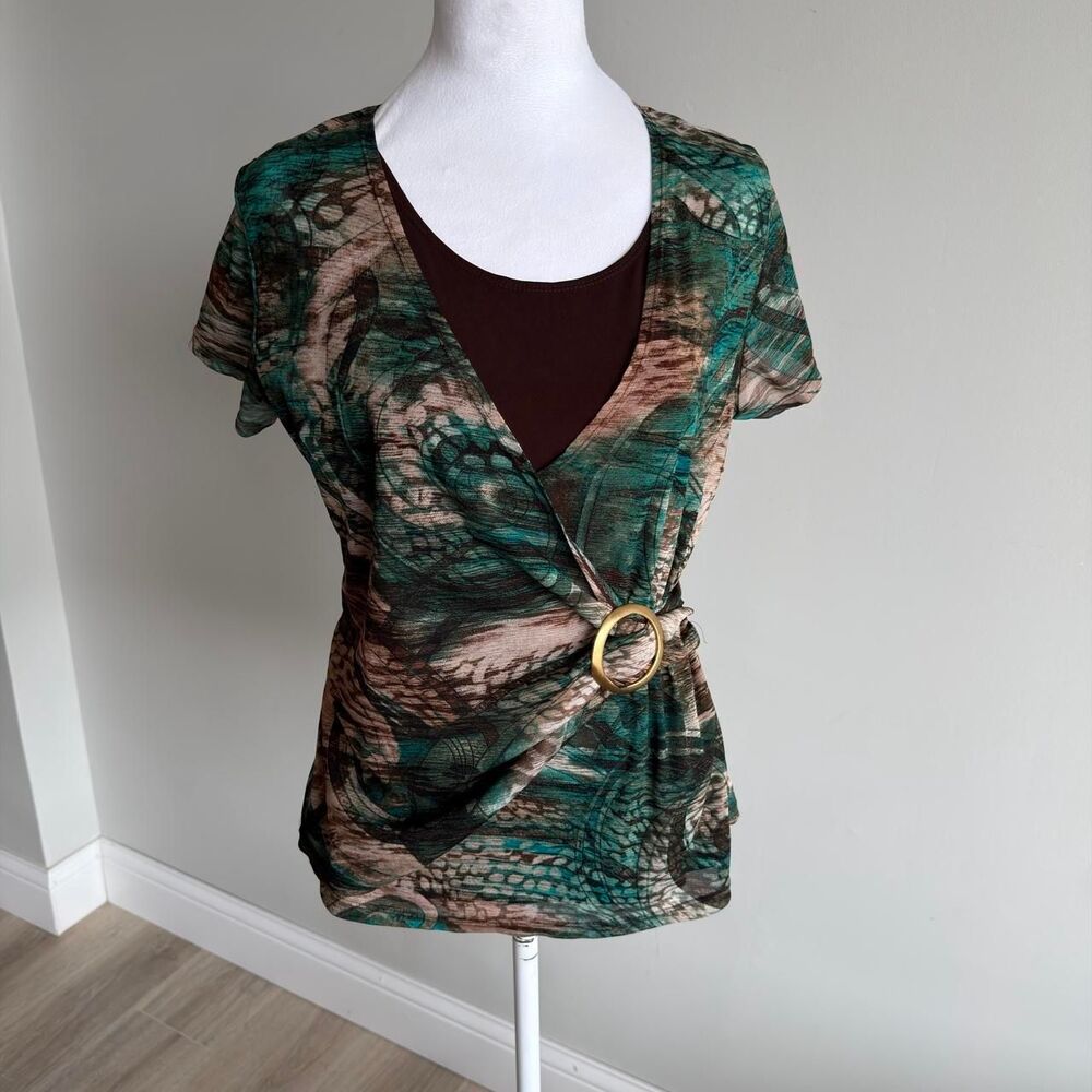 Notations Women's Large Green & Brown Blouse Y2K Abstract Wrap VTG Gold Buckle